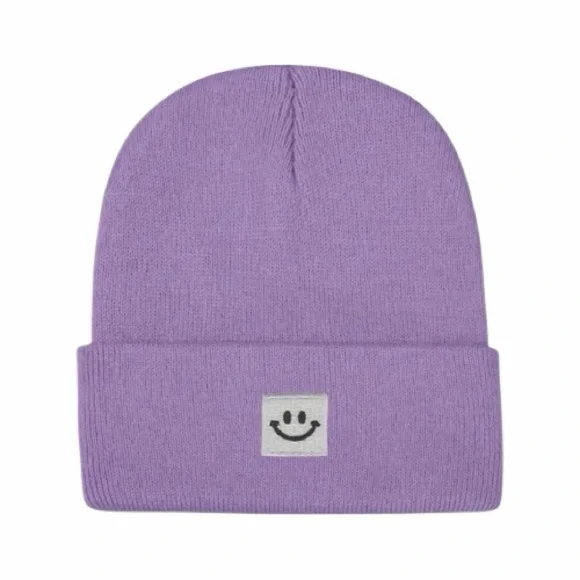 Purple Smiley Face Knit Beanie New