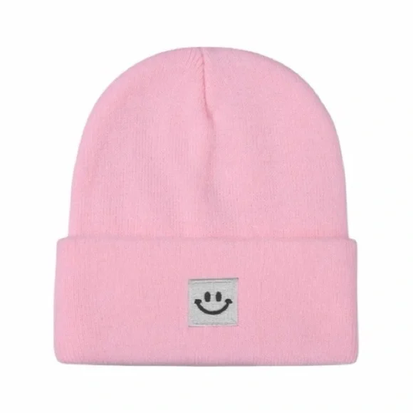 Pink Smiley Face Knit Beanie New
