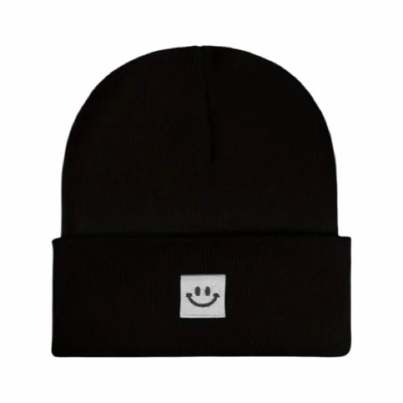 Black Smiley Face Knit Beanie New