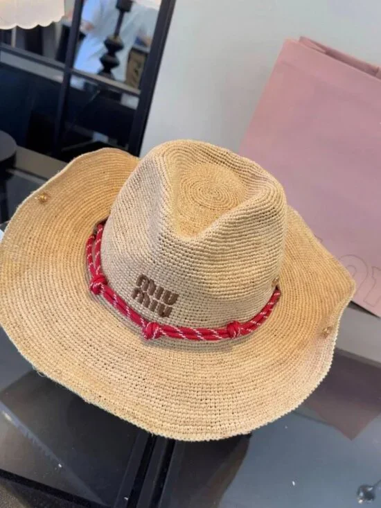 Miu Miu Straw Wide Brim Sun Hat with Red Rope Logo Detail