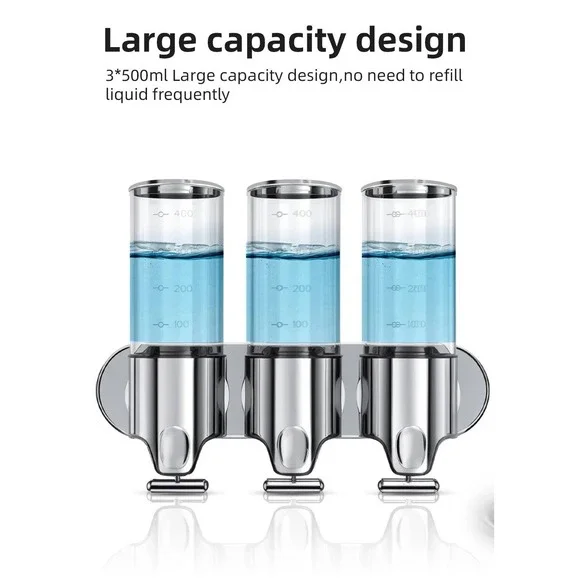 3 in 1 Soap, Shampoo & Conditioner Dispensers Triple Shower Wall Mount No Drill
