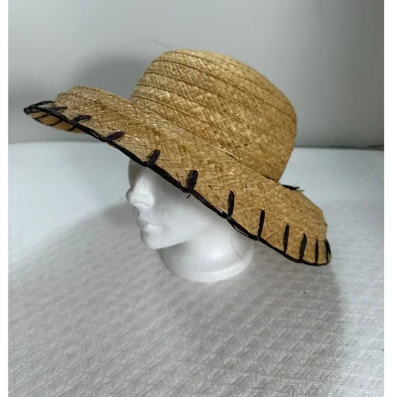 Liz Claiborne Women Natural Straw Sun Hat Wide Brim Whipstitch Detail Tan Brown