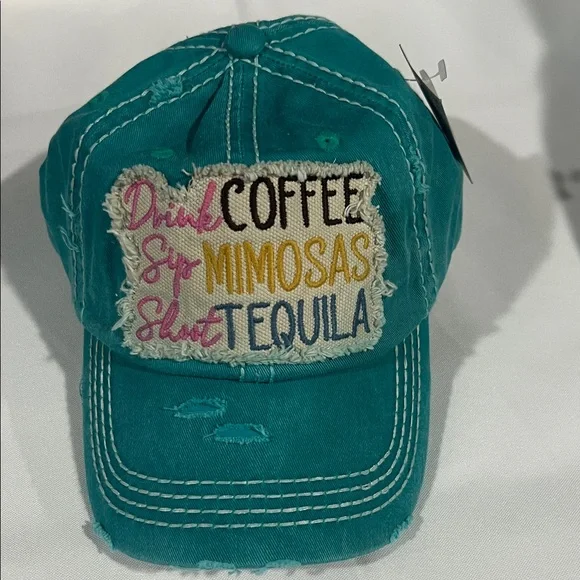 Teal Distressed Cap with Fun Embroidery‎
