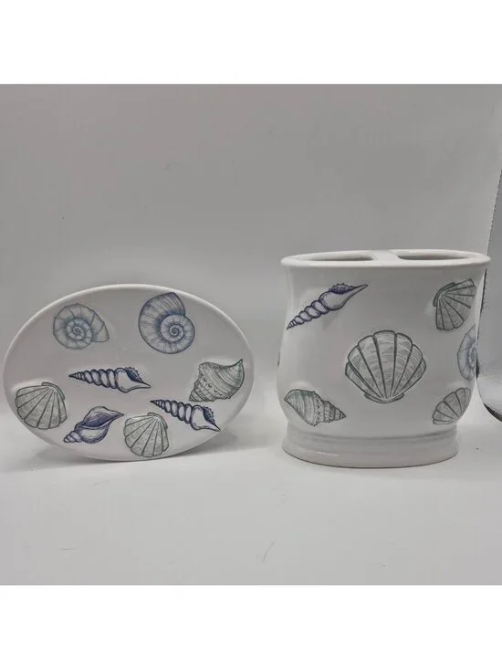 Ceramic Bathroom Set  Coastal Seashell Design  Soap Dish  Toothbrush Holder