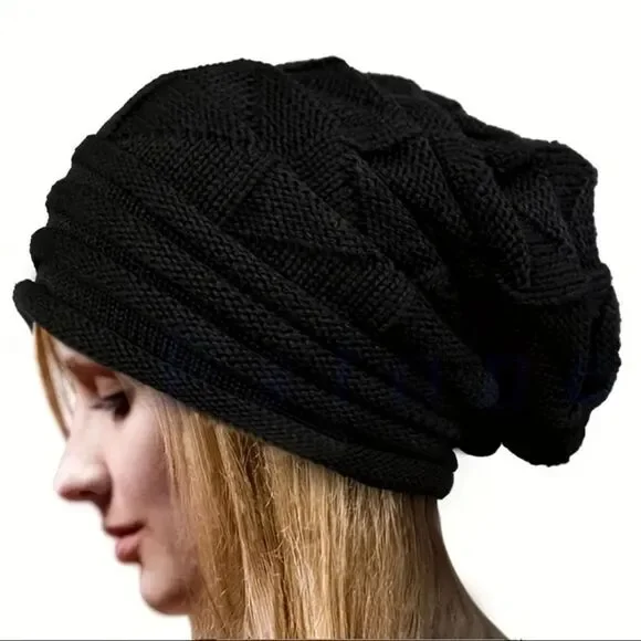 Black Knitted slouchy Beanie hat - Stylish, Loose Fit
