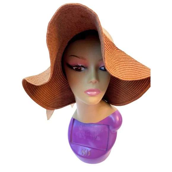 Ugurlu Women Two Tone Wide Brim Sun Hat Brown Cream‎ Woven Straw Bow coastal