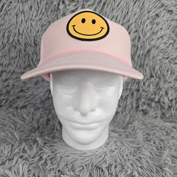 Nissin Cap‎ Smiley Face Trucker Hat Unisex OSFA Pink Mesh Snapback Rope Detail