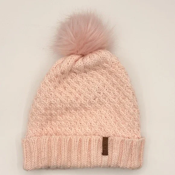 ROXY Womens Beanie Pink Medium Lined Knit Pom Fur Trim Logo Winter Cozy