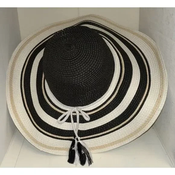 INC International Concepts Striped Wide Brim Floppy Sun Hat Black‎ White Tassel