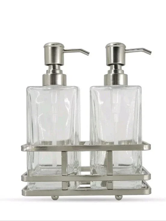3 Piece Glass Bathroom Accessory Set Soap Dispenser Lotion Pump Satin Nickel NEW