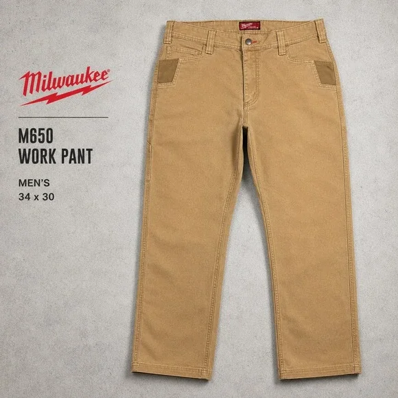 Milwaukee M650 Work Pants Mens 34x30 Tan Canvas Utility Carpenter Trousers