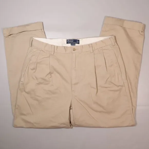 VTG Polo Ralph Lauren Hammond Pants Beige Straight Pleated Trousers Mens 36x30