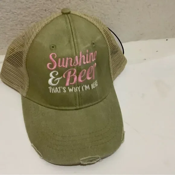 “Sunshine and Beer That’s Why I’m Here” Summer Pink and khaki Hat