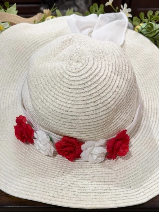 Disney Cream Sun Hat with Red & White Floral Trim