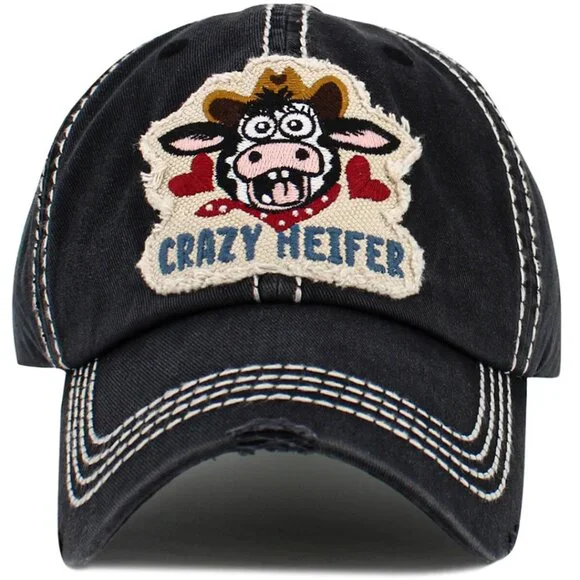 KBETHOS Crazy Heifer Black‎ Distressed Baseball Cap Hat NWT