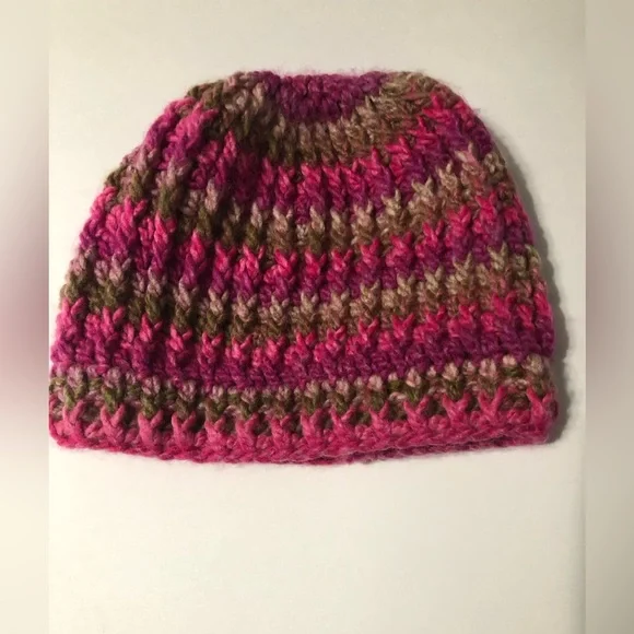 Handmade crochet knit winter‎ hat with pony hole pink and brown tones fits women