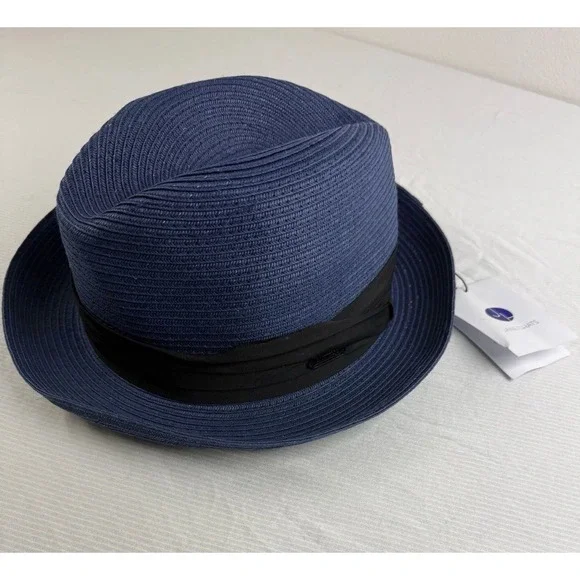 Janetshats Blue Straw Fedora Hat w/ Black Band, Size L, Women's Casual Travel