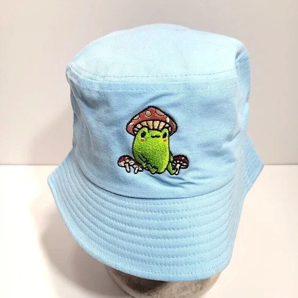 Embroidered Frog with Mushroom Bucket Hat for Women Men