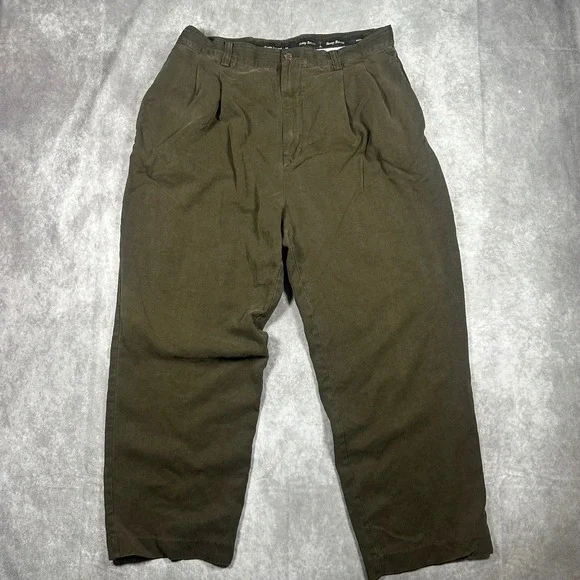 Tommy Bahama Mens 36 100% Silk Pleated Relaxed Trousers Olive Brown Casual Pants