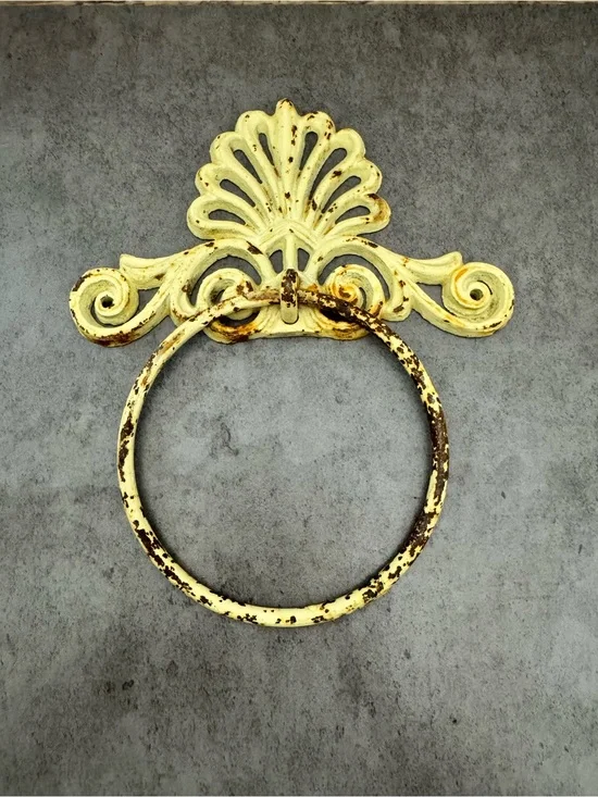 Vintage Cast Iron Towel Ring Holder Distressed Cream Wall Mount