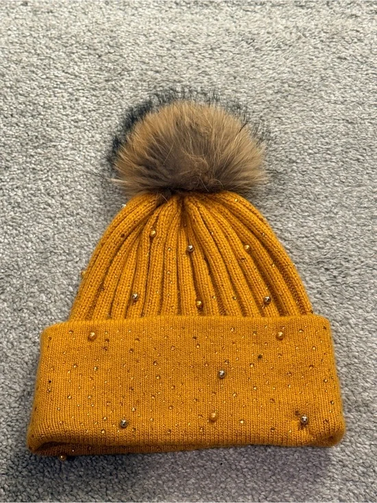 Cashmere Blend Beanie Hat Mustard Yellow Rhinestone Pearl Studded Raccoon Pom