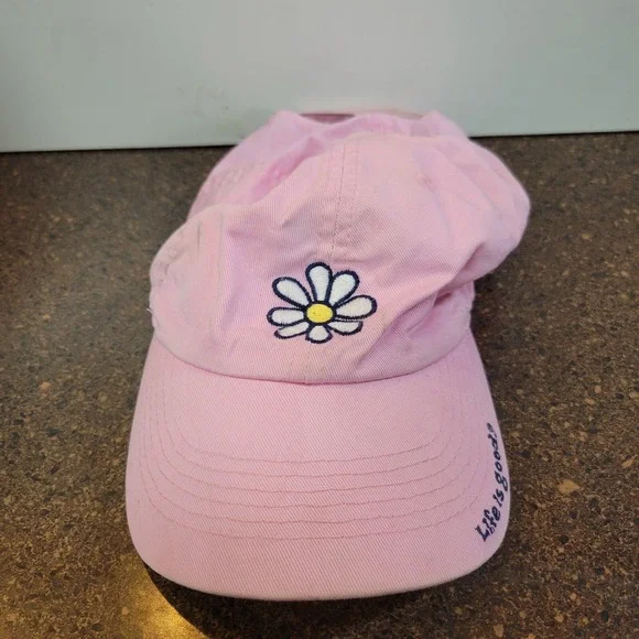 Life is Good Baseball Cap Girls Pink Embroidered Daisy Adjustable Strapback Hat