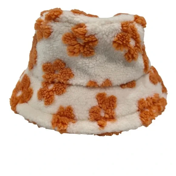 Fuzzy Bucket Hat Orange Floral White‎ Plush Sherpa Winter Warm
