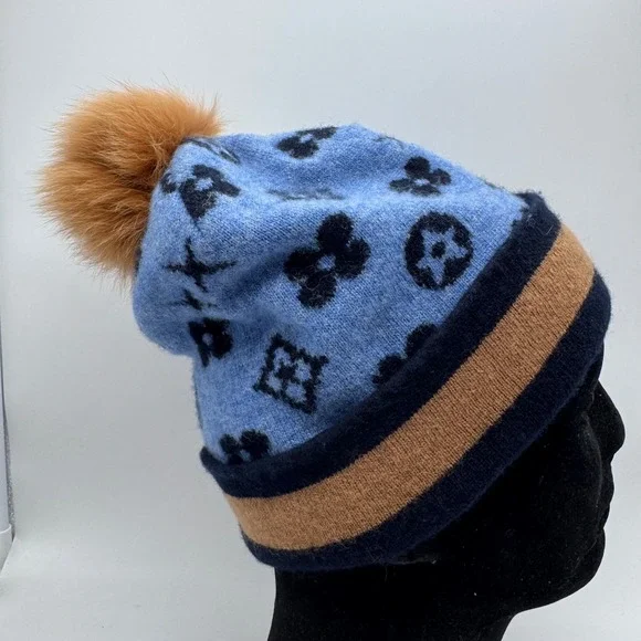 Mitchies 100% Wool Monogram Floral Beanie with Genuine Fur‎ Pom Pom Blue Navy