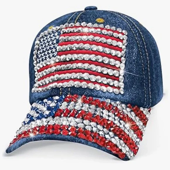 American Flag Rhinestone bling distressed Denim‎ baseball Cap new