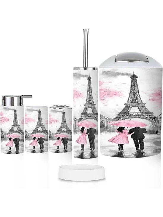 Chic 6-Piece Bathroom Accessory Set - Modern Parisian Design, Black & Pink Decor