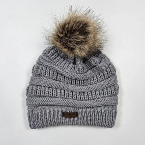 Brook + Bay Winter Hat Beanie with Faux Fur Pom Gray Brown Winter Snow