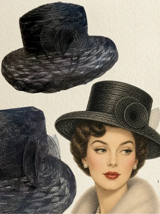 Wide‎ brim fancy hat women’s black mesh flower rosette church retro vintage