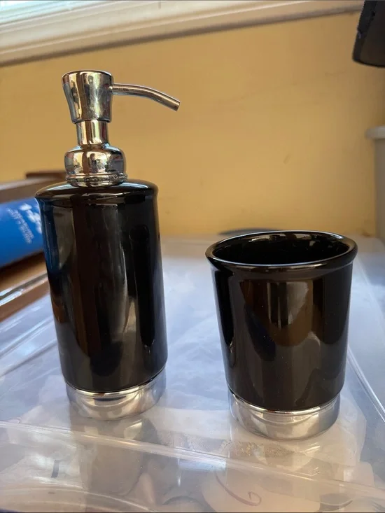 Black Ceramic Soap Dispenser and cup- Glossy Finish