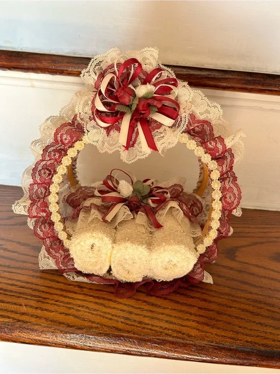 Cottage Core Lace Ribbon Decorative Basket with Rolled Towels - Cream & Burgundy