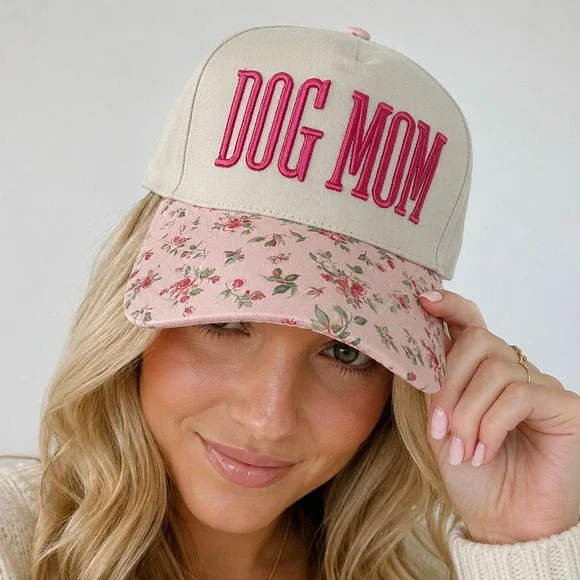 Dog Mom Baseball Cap Tan Pink Floral Brim Snapback Hat Embroidery New
