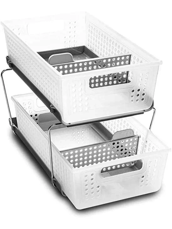 New 2 Tier Under Sink Bath Organizer Pull-Out Baskets Adjustable Dividers