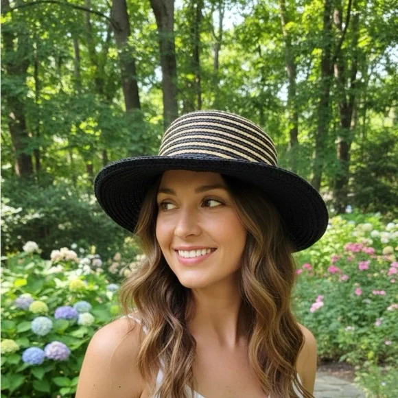 Kate Lord Womens Striped Straw Sun Hat Black Tan Beach‎ Golf Summer M/L