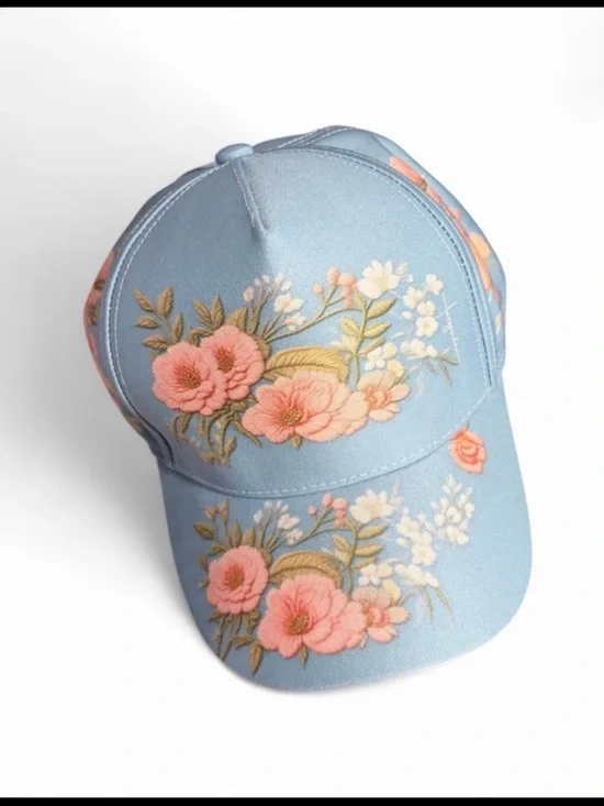 Women’s Floral Baseball Cap - Light Blue with Pink Flowers