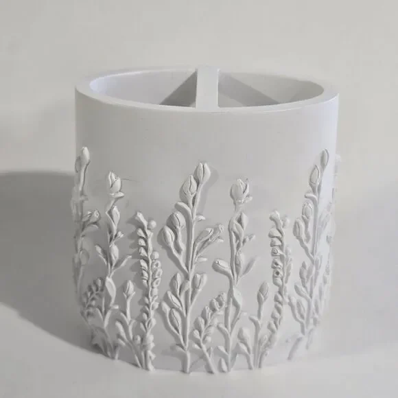 Toothbrush Holder - Ceramic Floral Embossed Bathroom Cup Unglazed - White Matte