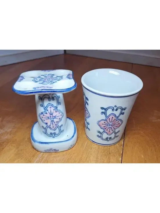 Vintage Ceramic Toothbrush Holder w/Matching Rinse Cup Floral Pattern 3.25