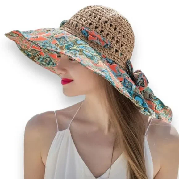 Crochet Colorful Wide Brim Summer Sun Hat NWT