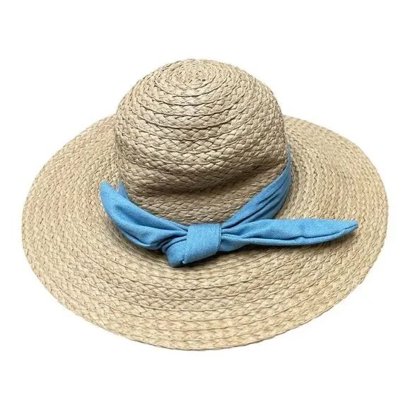 Vince Camuto Tan Straw Sun Hat with Blue Ribbon Size S/M