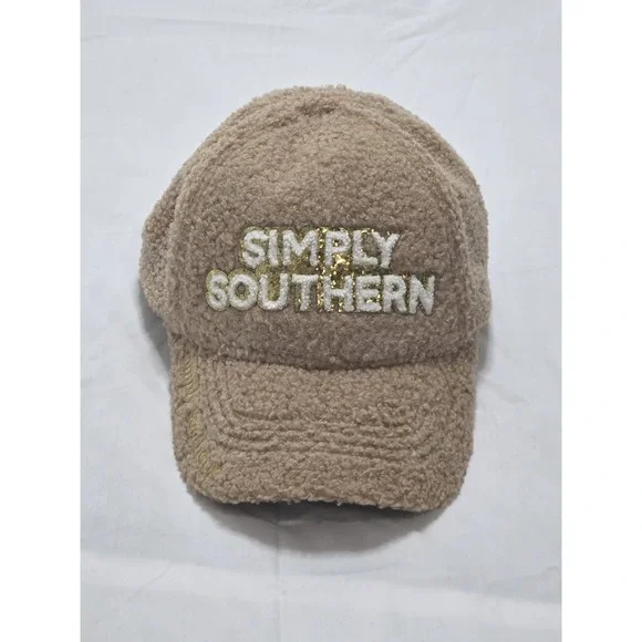 Simply Southern Tan Sherpa Baseball Cap Gold Sequin Logo Faux Fur Trucker Hat OS