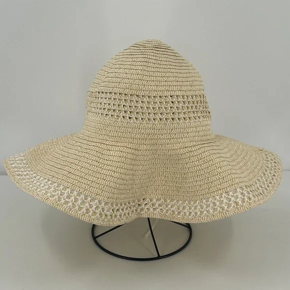 Calia Womens Tan White Woven Straw Wide Brim Floppy Sun Hat Beach Costal