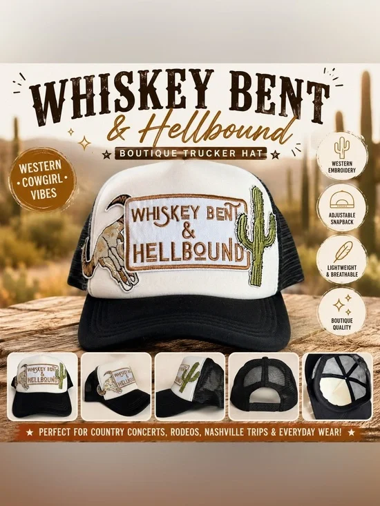 Whiskey Bent & Hellbound Boutique Western Trucker Hat Cowgirl Snapback
