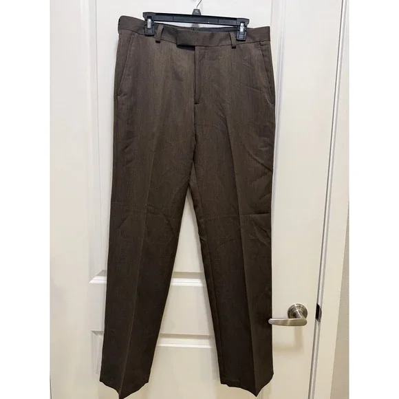 Kenneth Cole Reaction Mens Brown Heathered Flat Front Dress Pants 33x32