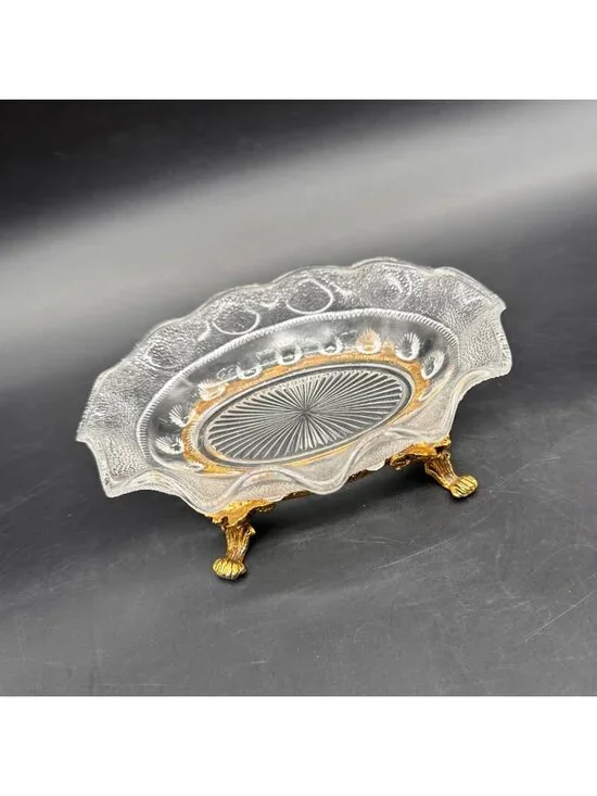 Vintage Vanity Soap Dish Trinket Holder  Hollywood Regency Gold Glass Stylebuilt