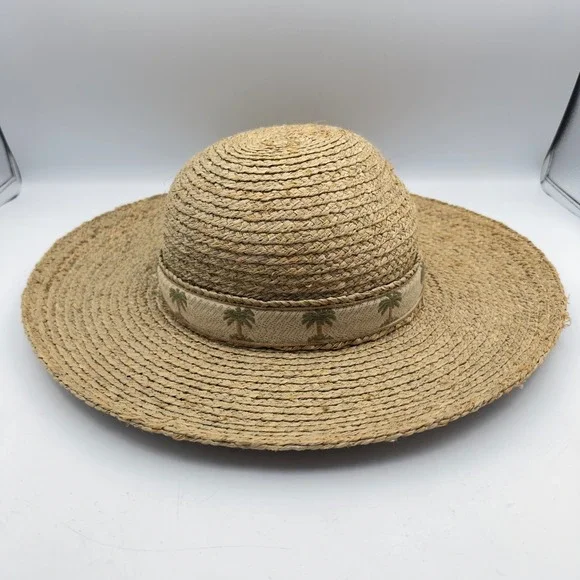 Scala Collection Straw Sun Hat Tan Wide Brim Palm Tree Embroidered Band Coastal