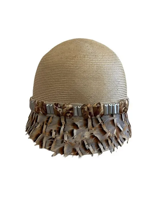Louise Green Feathered Cloche Hat With Beaded Trim Made In USA