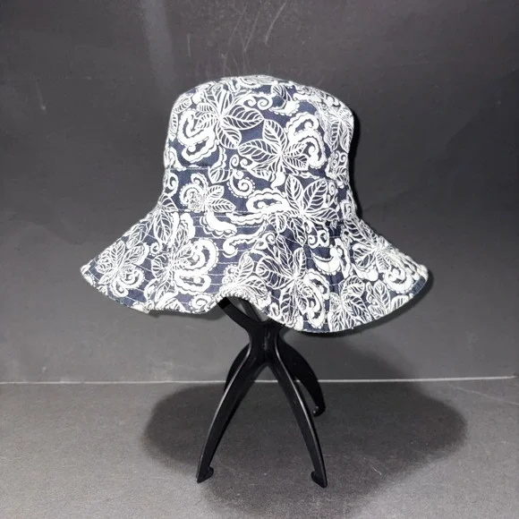 Navy Blue White Paisley Floral Cotton Bucket Hat Wide Brim Sun Hat RN 17730